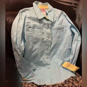Quacker Factory Size XL Rhinestone Zip Front Jacket Light Blue Pockets